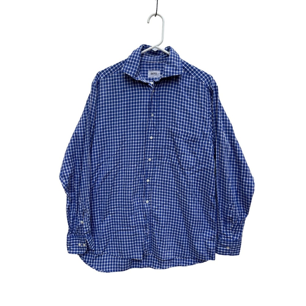 Hugo Boss Mens  blue gingham plaid button down long sleeve shirt Sz 40